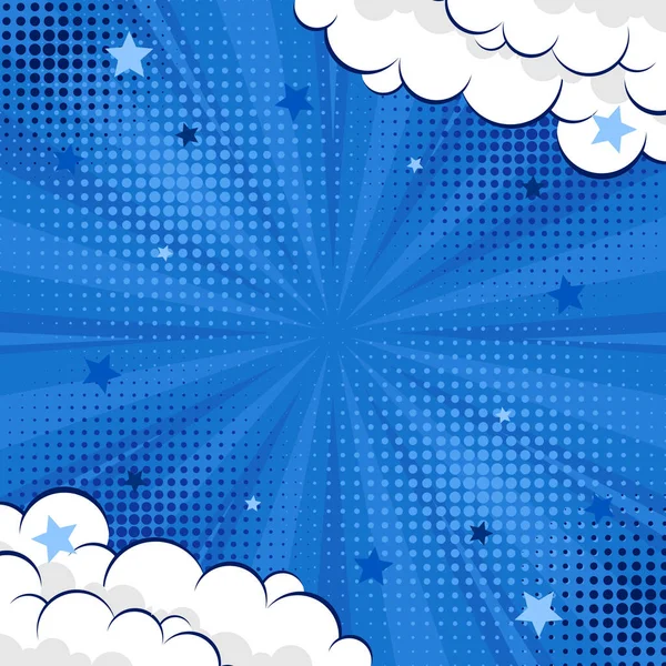 Blue abstract background pop art background for poster or book in blue color radial rays backdrop with halftone and cloud effect