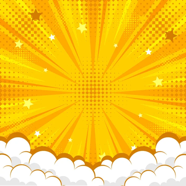 Yellow abstract background pop art background for poster or book in yellow color radial rays backdrop with halftone and cloud effec