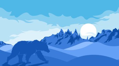 Hand drawn flat winter landscape illustration, iceberg and polar bear silhouette wallpaper