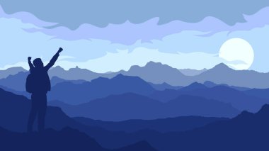 Mountains landscape with high peaks, Happy man freedom in nature successful concept