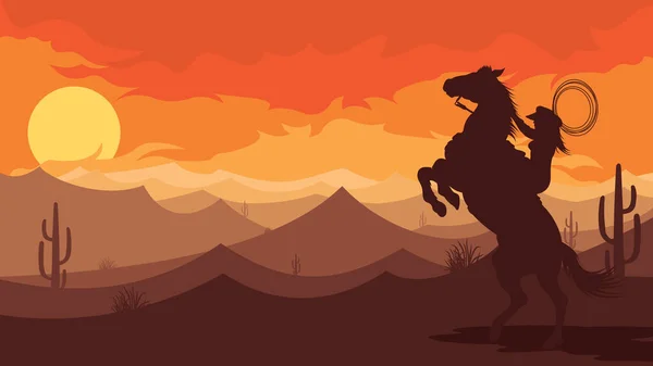 Flat Western Background Landscape Cowboys Desert Horse Girl Silhouette — Stockvektor