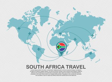 Travel to South Africa poster with world map and flying plane route business background tourism destination concept