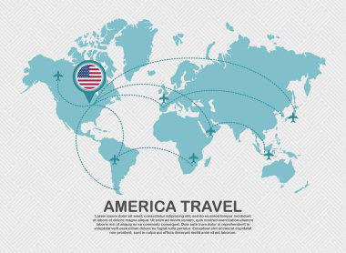 Travel to America poster with world map and flying plane route business background tourism destination concept