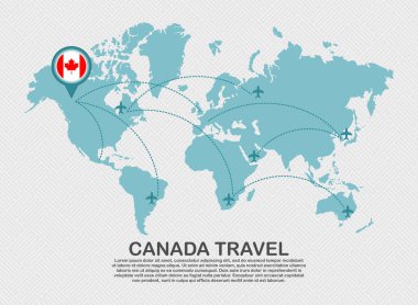 Travel to Canada poster with world map and flying plane route business background tourism destination concept