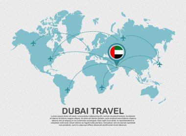 Travel to Dubai poster with world map and flying plane route business background tourism destination concep