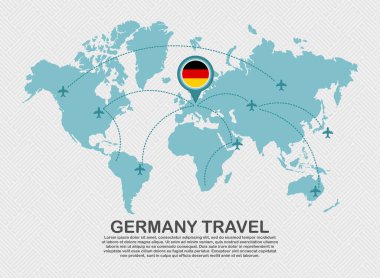 Travel to Germany poster with world map and flying plane route business background tourism destination concept