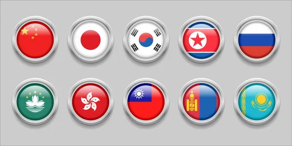 EAST ASIA Flags Set Collection 3D round flag, badge flag, China, Mongolia, North Korea, South Korea, Japan, Hong Kong, Taiwan, Macau, Kazakhstan, Russia