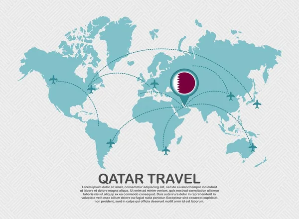 Travel Qatar Poster World Map Flying Plane Route Business Background — 图库矢量图片