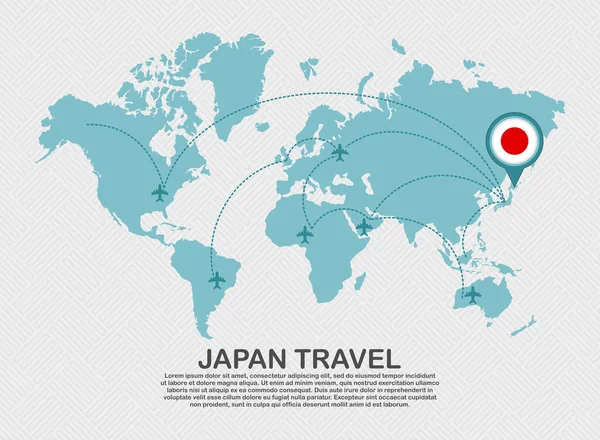 Travel Japan Poster World Map Flying Plane Route Business Background — 图库矢量图片