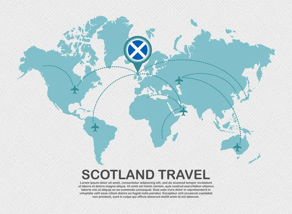 Travel Scotland Poster World Map Flying Plane Route Business Background — 图库矢量图片