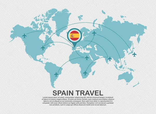 Travel to Spain poster with world map and flying plane route business background tourism destination concept