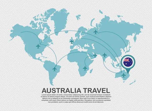 Travel Australia Poster World Map Flying Plane Route Business Background — 图库矢量图片