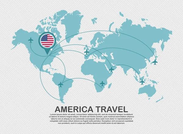 Travel to America poster with world map and flying plane route business background tourism destination concept