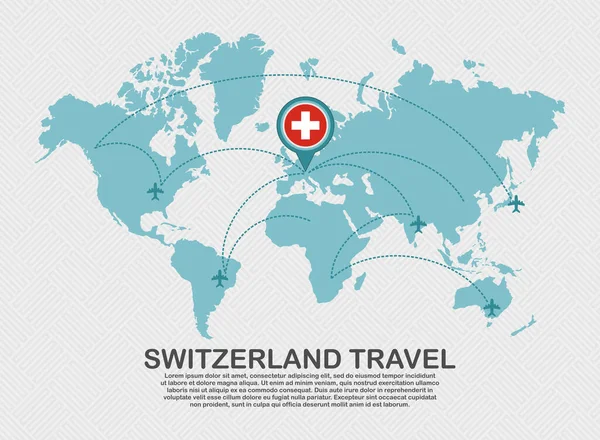 Travel Switzerland Poster World Map Flying Plane Route Business Background — 图库矢量图片