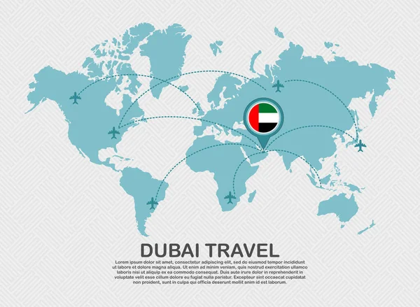 Travel Dubai Poster World Map Flying Plane Route Business Background — 图库矢量图片