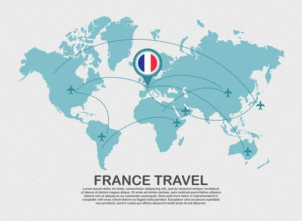 Travel to France poster with world map and flying plane route business background tourism destination concept