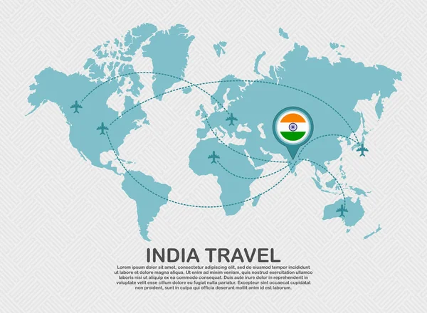 Travel to India poster with world map and flying plane route business background tourism destination concept
