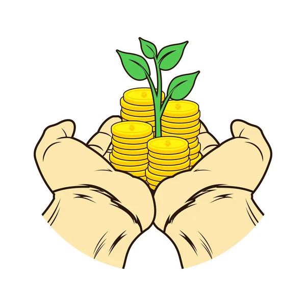 Hand giving coin of money with green plant in the hand, hand helping money