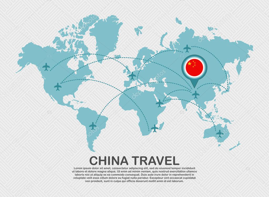 Travel to China poster with world map and flying plane route business background tourism destination concep