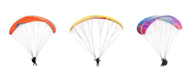 collection Bright colorful parachute on white background, isolated. Concept of extreme sport, taking adventure/ challenge.