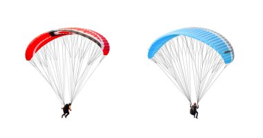 collection Bright colorful parachute on white background, isolated. Concept of extreme sport, taking adventure challenge.