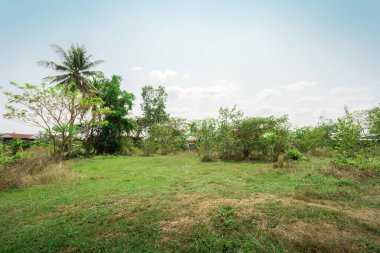 Empty grassland land with beautiful views, land plot for housing construction Green meadow and mountains, beautiful views and beautiful blue sky with fresh air Land for sales landscape concept.
