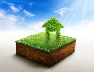 Green bush symbol in the shape of a house on cubical soil land geology cross section with green grass, ground ecology isolated on blue sky. real estate sale or property investment concept. 3d.