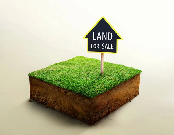 Land for sale sign on grass and geology cross section with soil, ground ecology isolated on light color. real estate investment concept, land plot for housing construction project.  3d illustration.