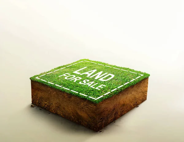 land for sale sign against lawn on cubicle soil and geology cross section with green grass, ground ecology isolated on light color. real estate sale, property investment concept. 3d illustration.