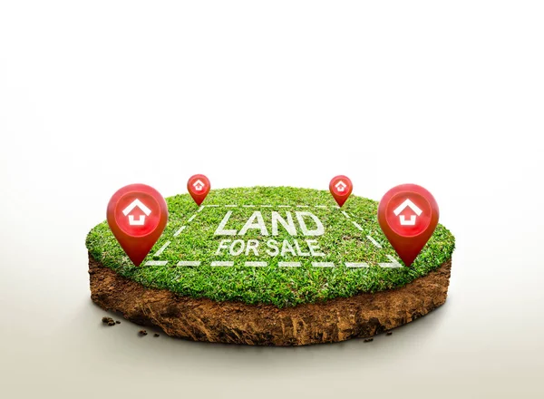 land for sale sign against lawn on cubicle soil and geology cross section with green grass, ground ecology isolated on light color. real estate sale, property investment concept. 3d illustration.