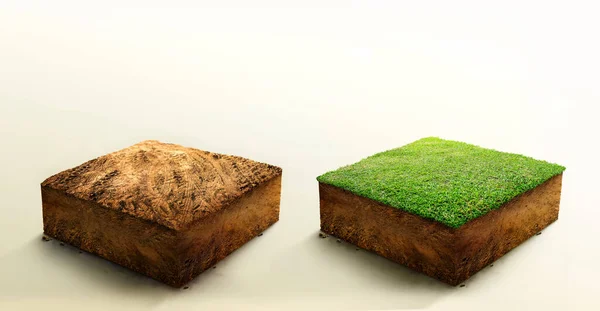 Collection, cubical soil ground cross section with earth land and green grass, Soil layers. realistic 3D rendering ground ecology, cutaway terrain floor with rock isolated on light background.
