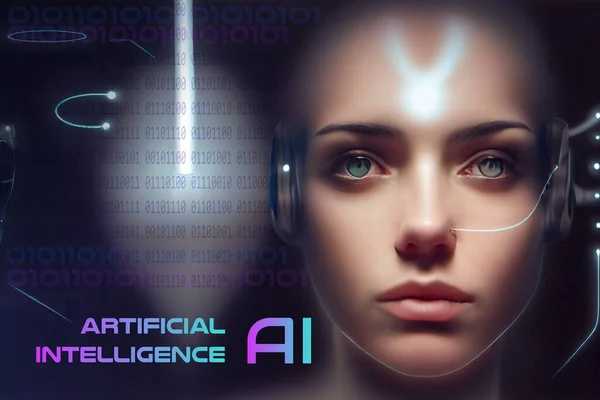 Artificial intelligence AI text composed with binary code and futuristic women human like cyborg head generated by ai no model release needed