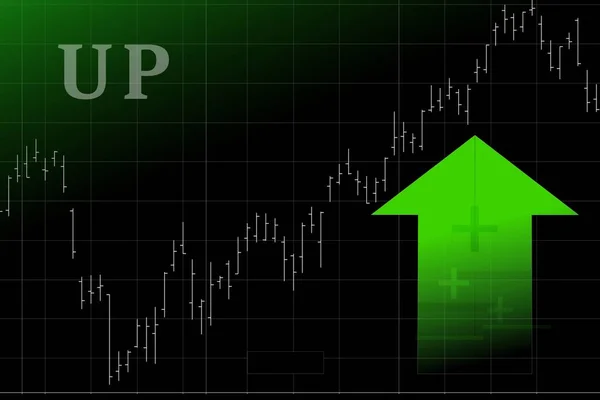 graphic with stock market graph representing upward trend with green colors and ascending graph on black background