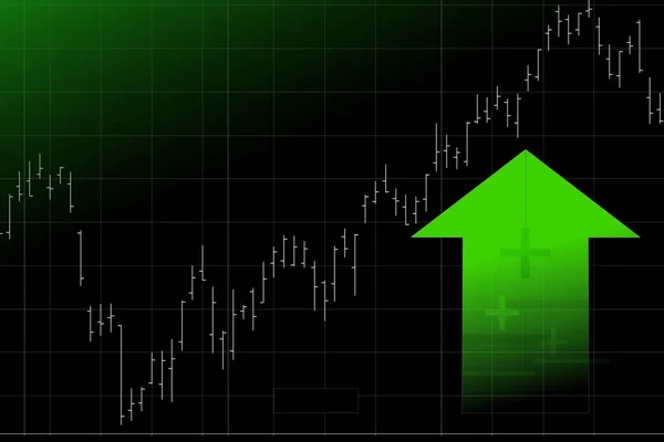 graphic with stock market graph representing upward trend with green colors and ascending graph on black background
