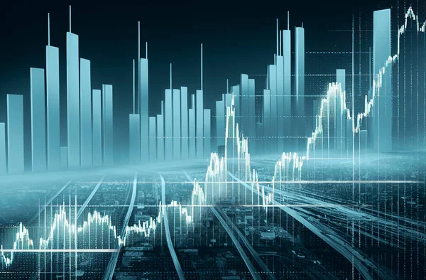 graphic with stock market graph representing upward trend with blue colors and ascending graph on futuristic background