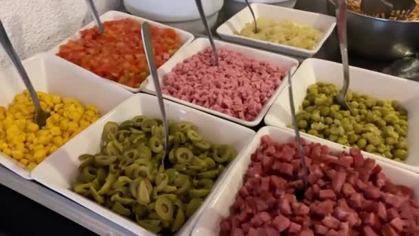 Pasta Self Service Μπουφέ Μια Ποικιλία Από Συστατικά Που Πρέπει — Αρχείο Βίντεο