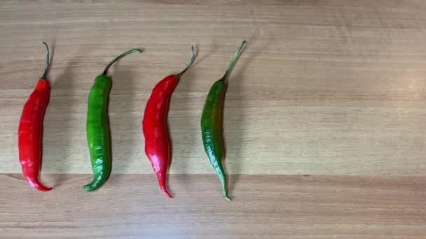 Peppers Brown Wooden Table Background Copy Space — Vídeo de stock