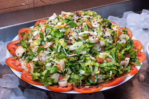 Salad Mix Lettuce Hearts Palm Tomatoes Cucumbers Carrots Sesame Seeds Fotografia De Stock