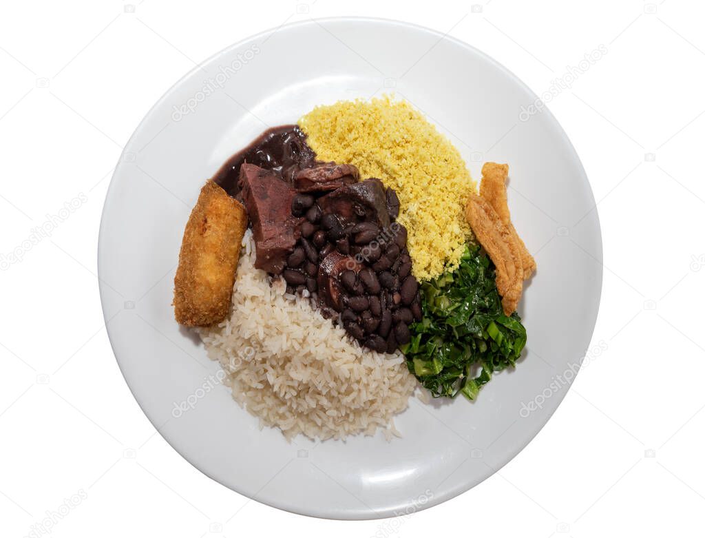 Delicious feijoada plate. Brazilian typical cuisine made with black beans and pork on white isolated background