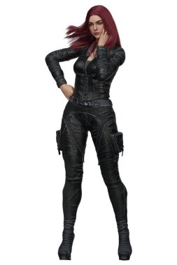 Redhead woman in sci-fi leather costume
