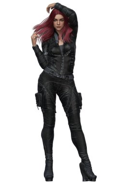 Redhead woman in sci-fi leather costume