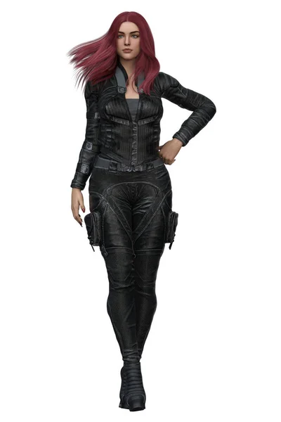 Redhead woman in sci-fi leather costume