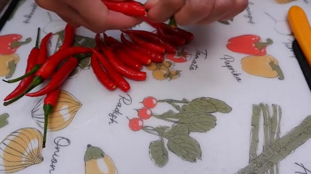 Χέρι Του Σεφ Διαλέγει Κόκκινα Κοτσάνια Πιπεριού Χέρι Ένα Ξύλο — Αρχείο Βίντεο
