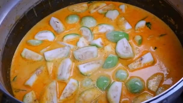 厨师的手被撒在一个大锅里 制作绿色咖哩辣泰国菜 — 图库视频影像