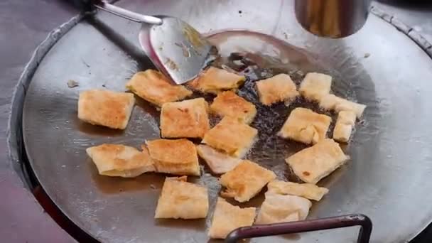 Comida Callejera Tailandia Roti Harina Crujiente Una Sartén Plana Grande — Vídeos de Stock