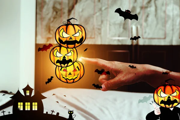 Pihentető Nap Otthon Halloween Rajzfilmek Devil Pumpkin Castle Mindenhol Házban — Stock Fotó