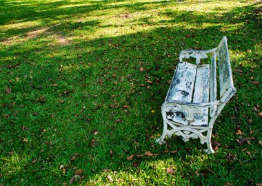 Çimlerde eski beyaz sandalyeler