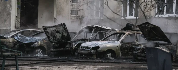 Burnt Ground Smoking Remains Civilian Vehicles Came Artillery Fire Ukraine — Photo