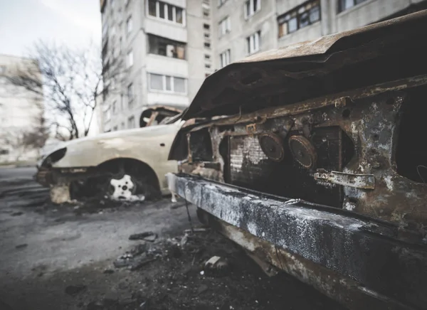 Cars Burned Skeleton Shelling Rocket Artillery Residential Area Ukraine Military — Stock fotografie