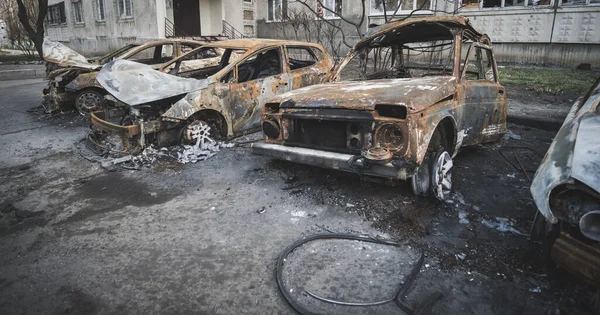 Burnt Decayed Cars Shelling Rocket Artillery Residential Area Ukraine Military — Photo